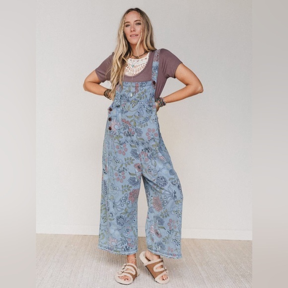 Three Bird Nest Denim - Three Bird Nest high hopes Floral Blue Denim Overalls medium